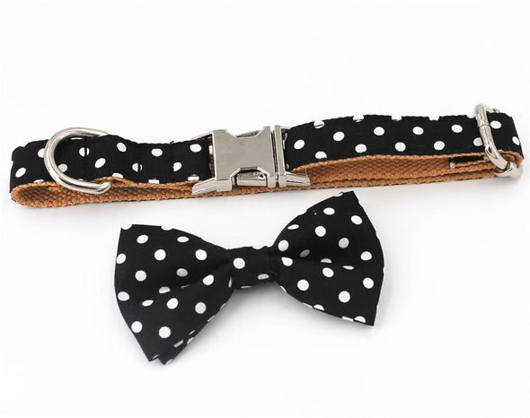 Black & White Pois Dog Collar With Bow Tie - Lilly The Dog