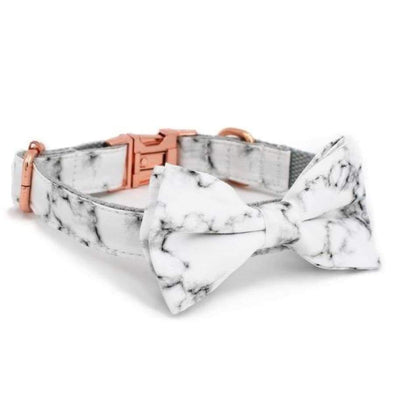 White Marble Dog Collar With Bow Tie - Lilly The Dog